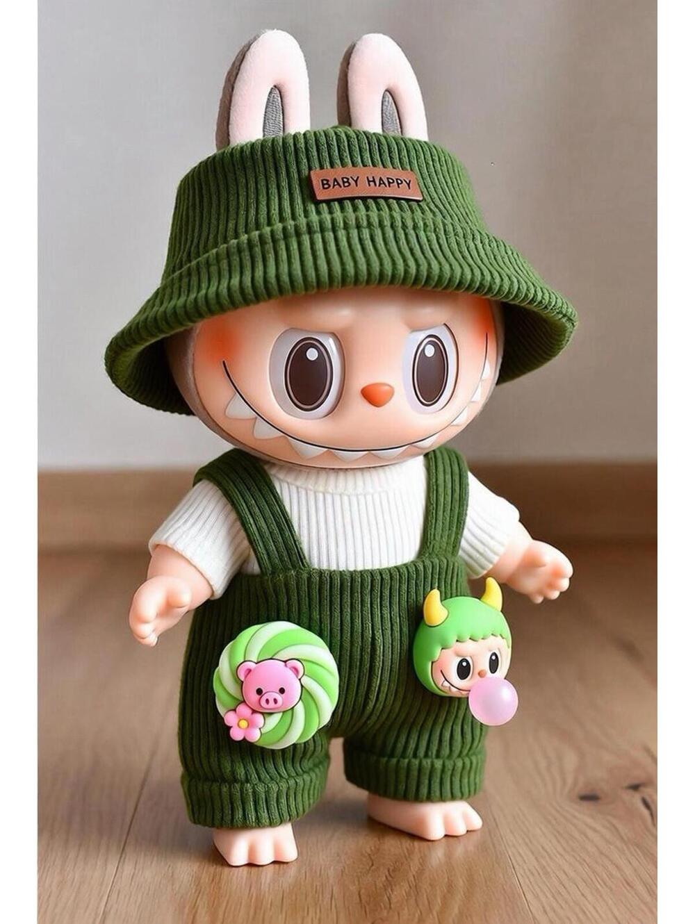 Labubu Outfit Green Ribbed Overalls + Bucket Hat + White Top - Baby Happy